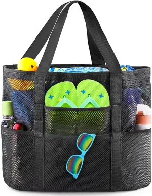 EASYFUN Beach Bag Large Mesh Beach Bag Lightweight Beach Tote with 9 Pockets Foldable Beach Accessories