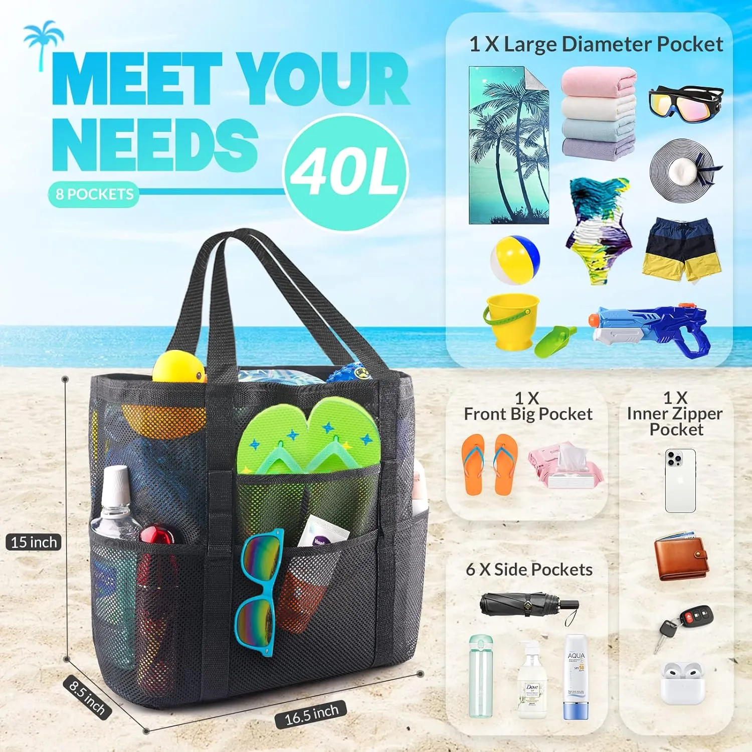EASYFUN Beach Bag Large Mesh Beach Bag Lightweight Beach Tote with 9 Pockets Foldable Beach Accessories