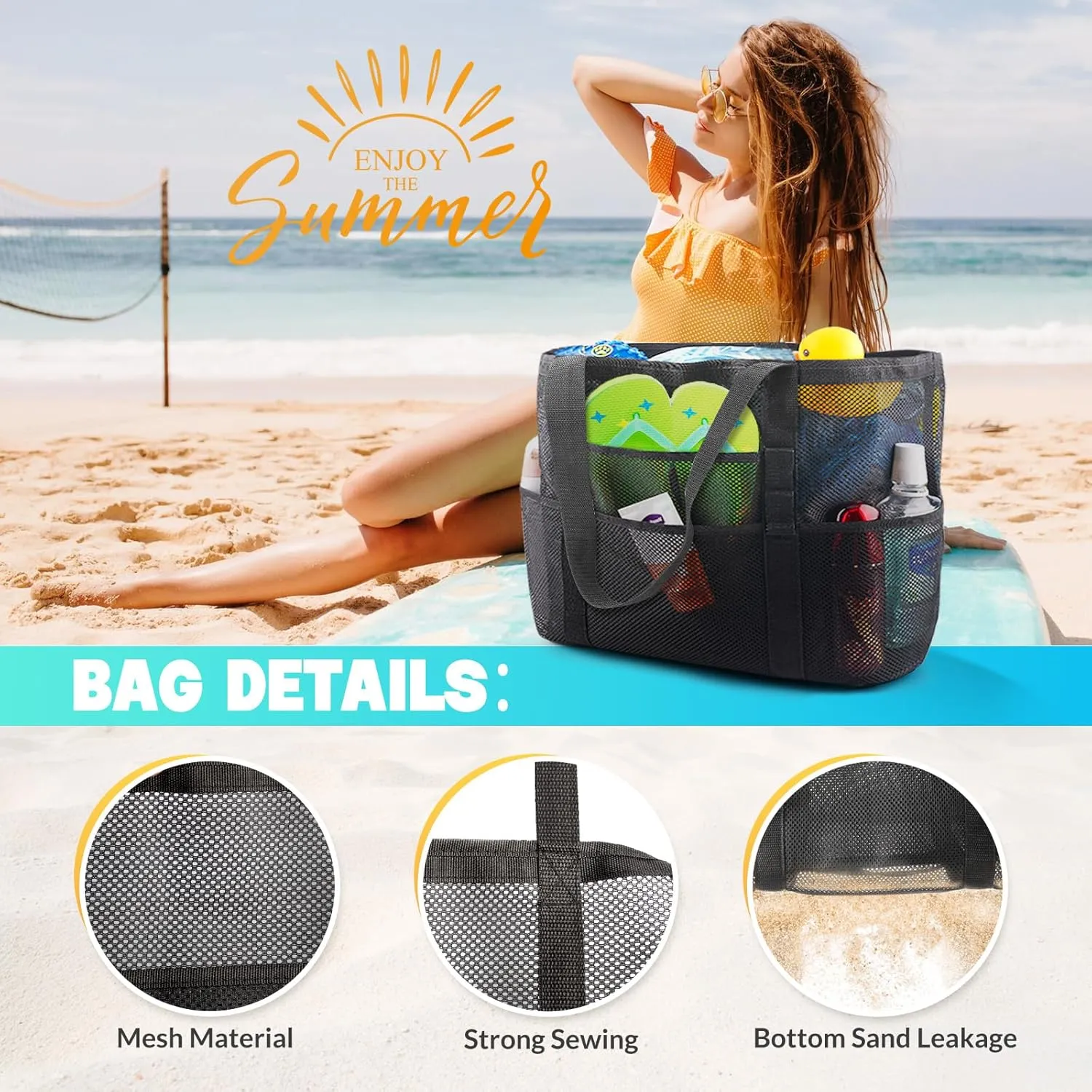 EASYFUN Beach Bag Large Mesh Beach Bag Lightweight Beach Tote with 9 Pockets Foldable Beach Accessories