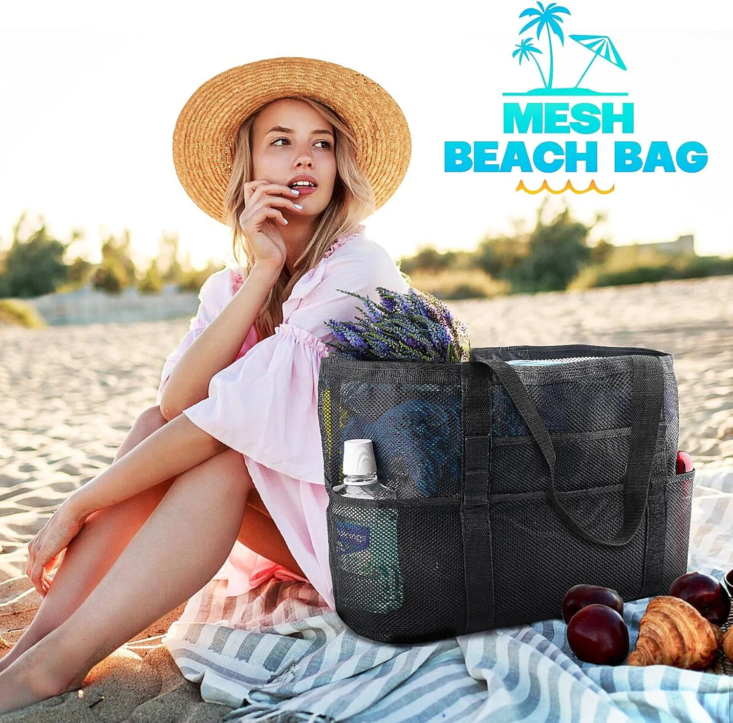EASYFUN Beach Bag Large Mesh Beach Bag Lightweight Beach Tote with 9 Pockets Foldable Beach Accessories