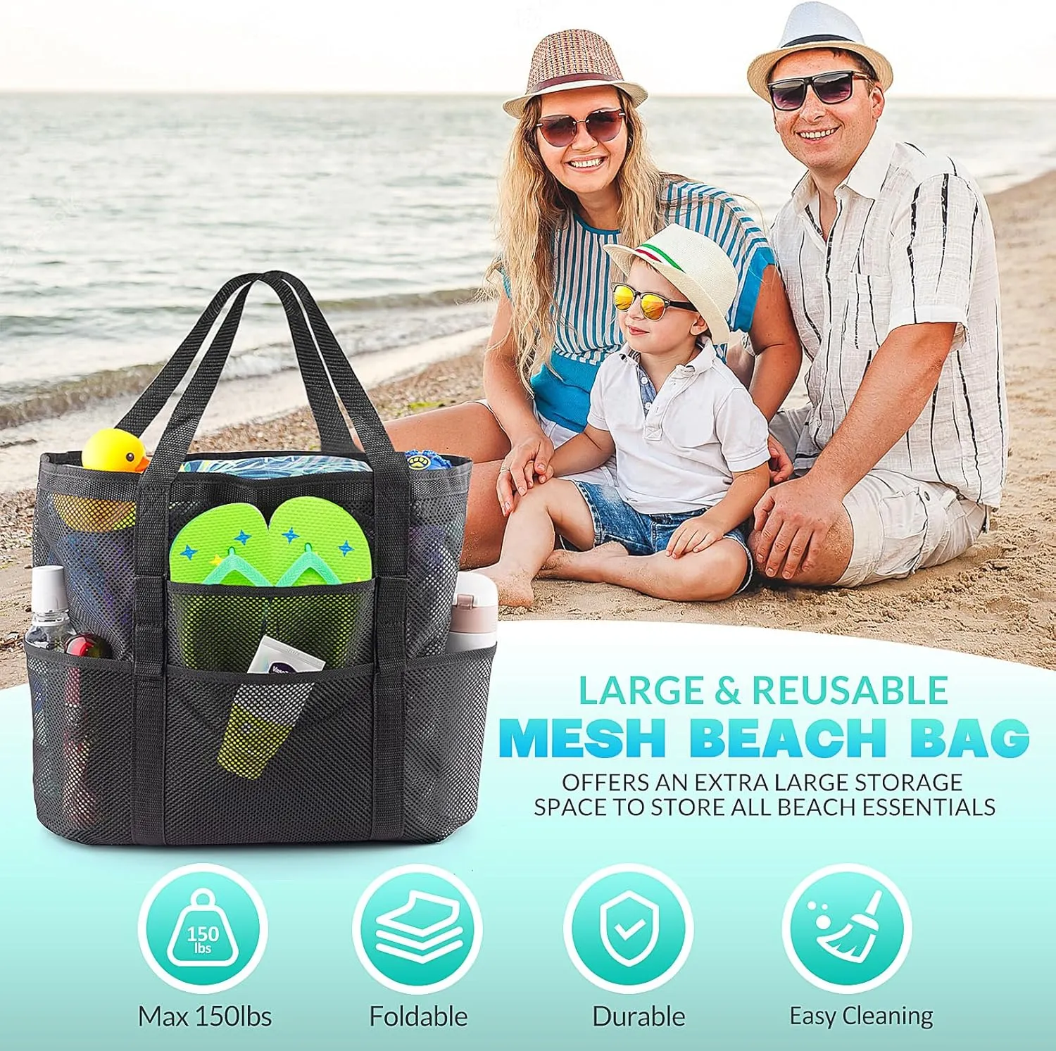 EASYFUN Beach Bag Large Mesh Beach Bag Lightweight Beach Tote with 9 Pockets Foldable Beach Accessories