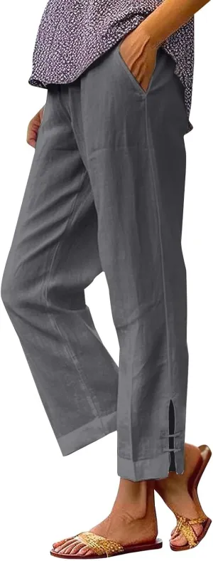 Eco-Friendly Linen Pants Women Elastic Waist Straight Leg Lightweight Beach Yoga Trousers with Slits