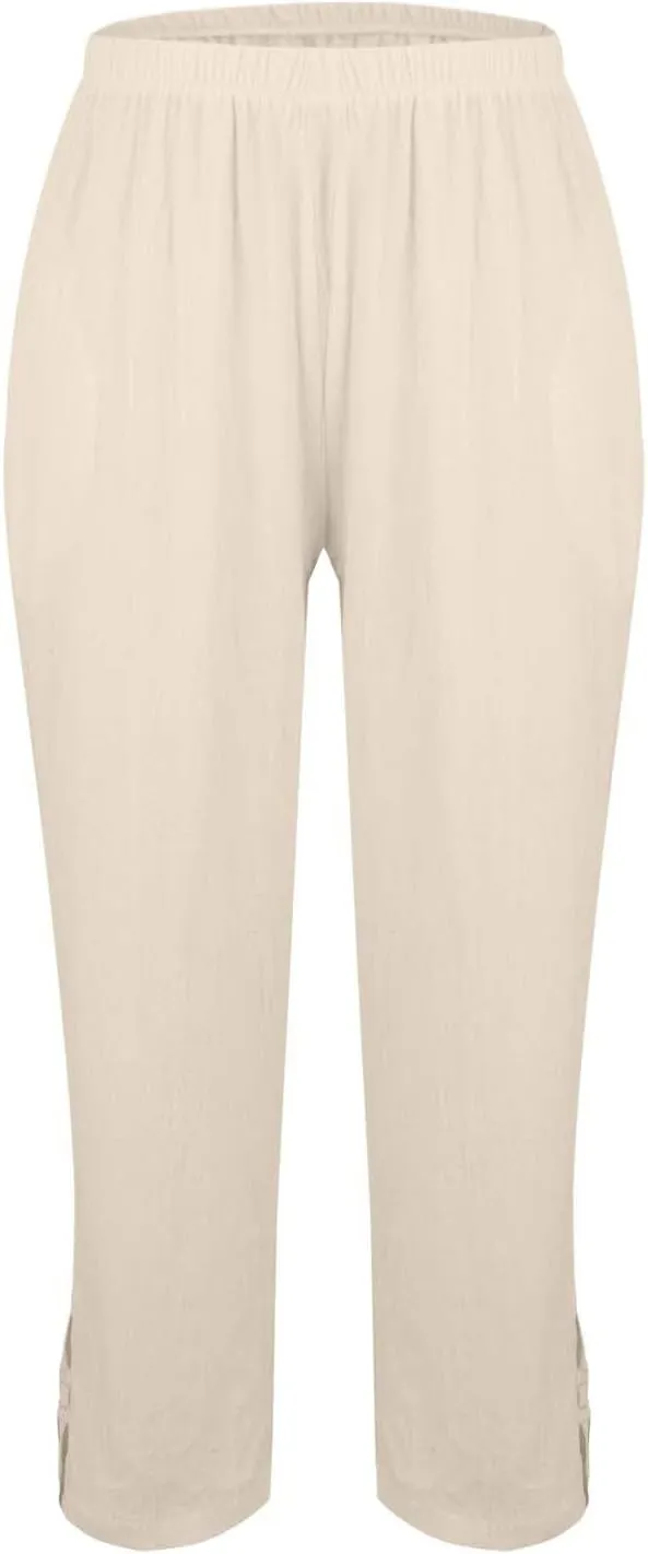 Eco-Friendly Linen Pants Women Elastic Waist Straight Leg Lightweight Beach Yoga Trousers with Slits