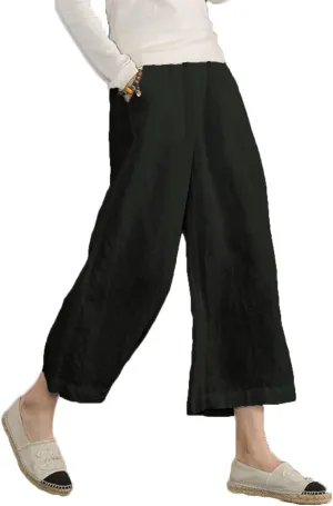 ECUPPER Womens Linen Cropped Pants Loose Casual Capri Cotton Wide Leg Plus Size Elastic Waist with Drawstring Trouses
