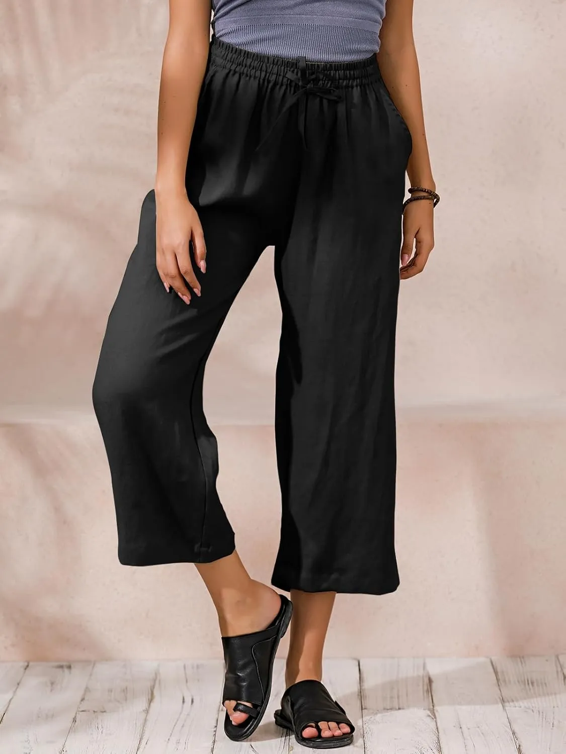 ECUPPER Womens Linen Cropped Pants Loose Casual Capri Cotton Wide Leg Plus Size Elastic Waist with Drawstring Trouses