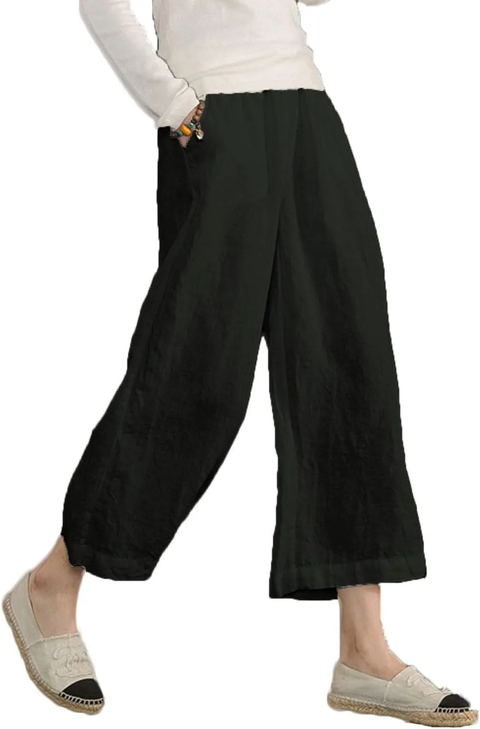 ECUPPER Womens Linen Cropped Pants Loose Casual Capri Cotton Wide Leg Plus Size Elastic Waist with Drawstring Trouses