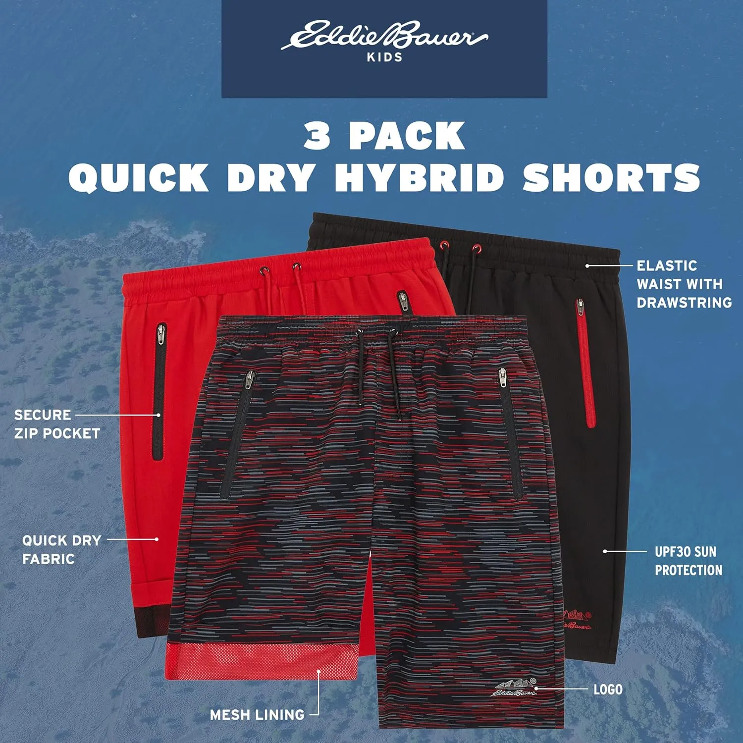 Eddie Bauer Boys' Active Shorts - 3 Pack Quick Dry Athletic Shorts - Hybrid Mesh Performance Shorts for Boys (4-16)