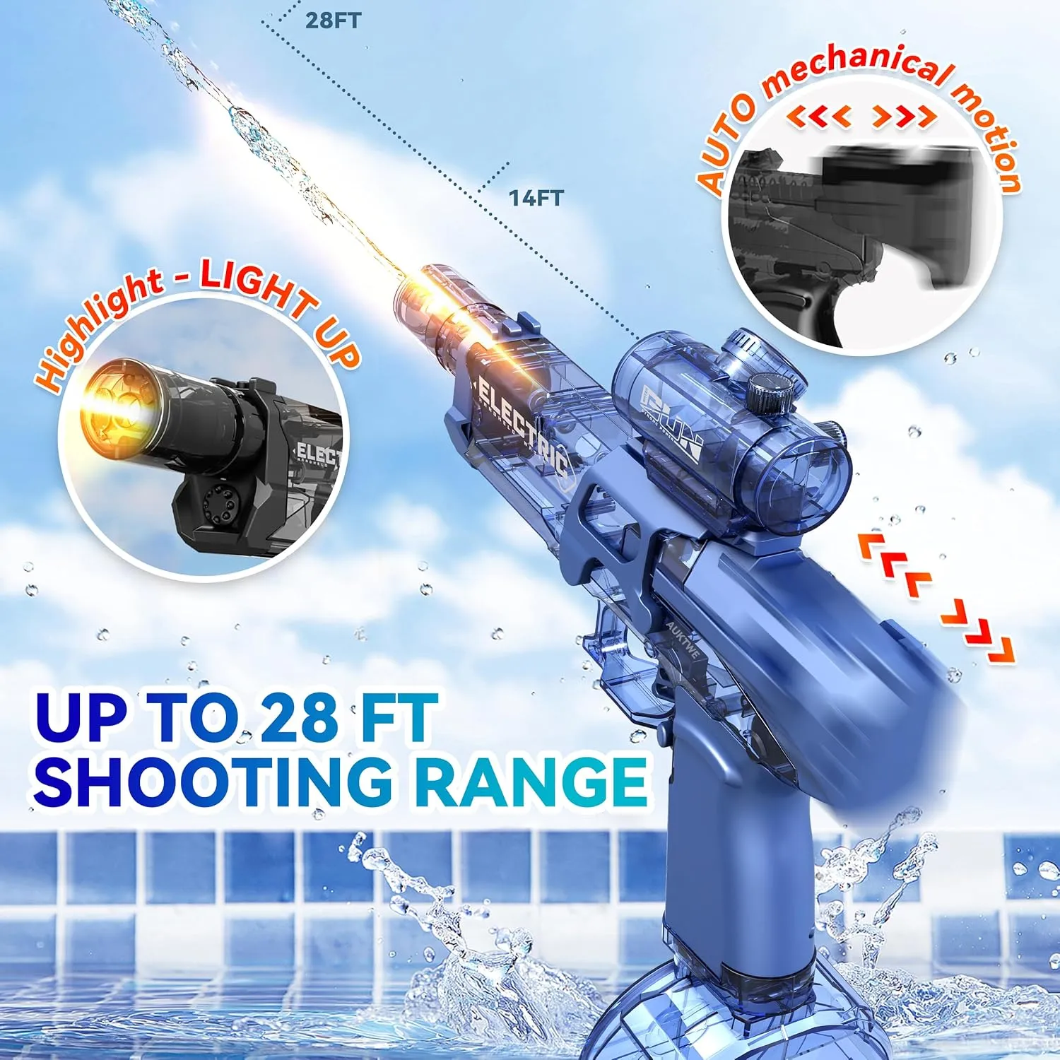 Electric Water Gun with Light Up,28-32 FT, Powerful High Powered Automatic Squirt Gun Fully Auto Water Blaster,Toy Game for Adult&Kid(Black)