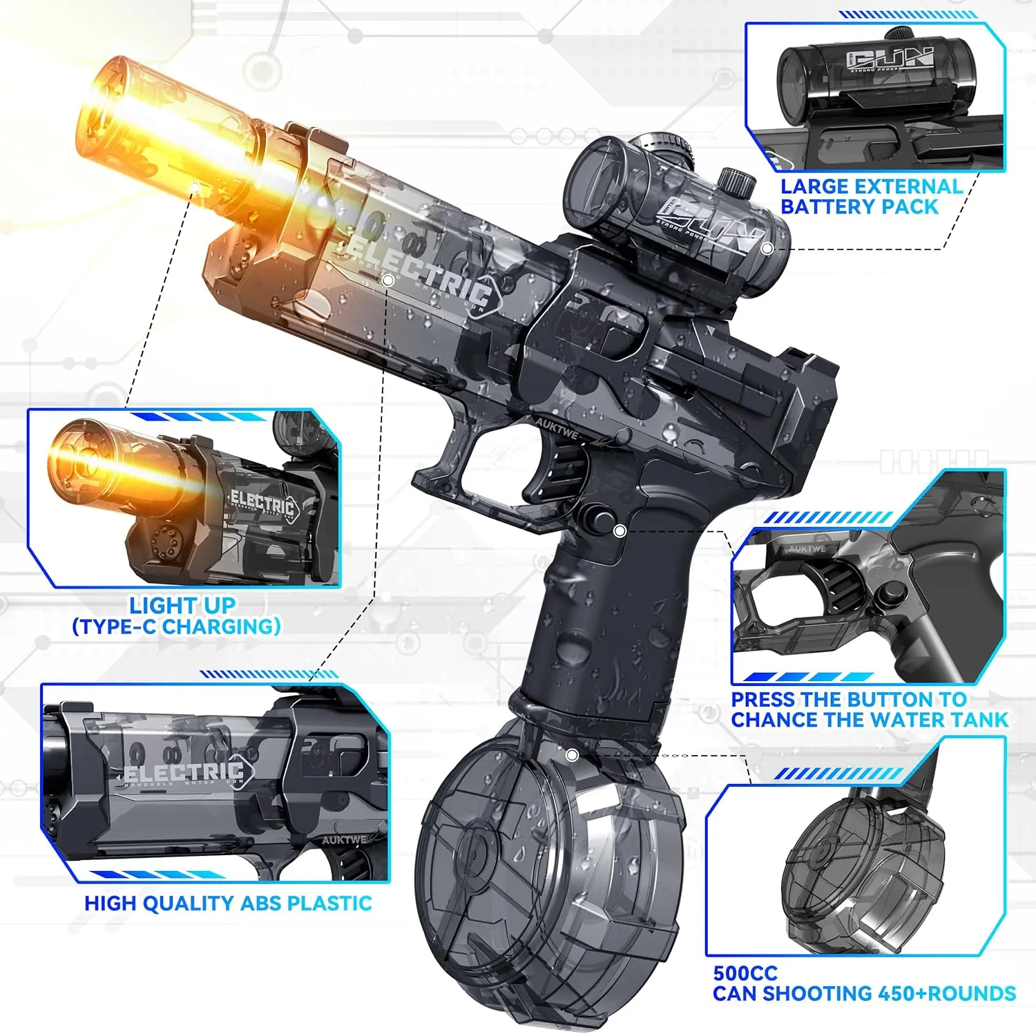 Electric Water Gun with Light Up,28-32 FT, Powerful High Powered Automatic Squirt Gun Fully Auto Water Blaster,Toy Game for Adult&Kid(Black)