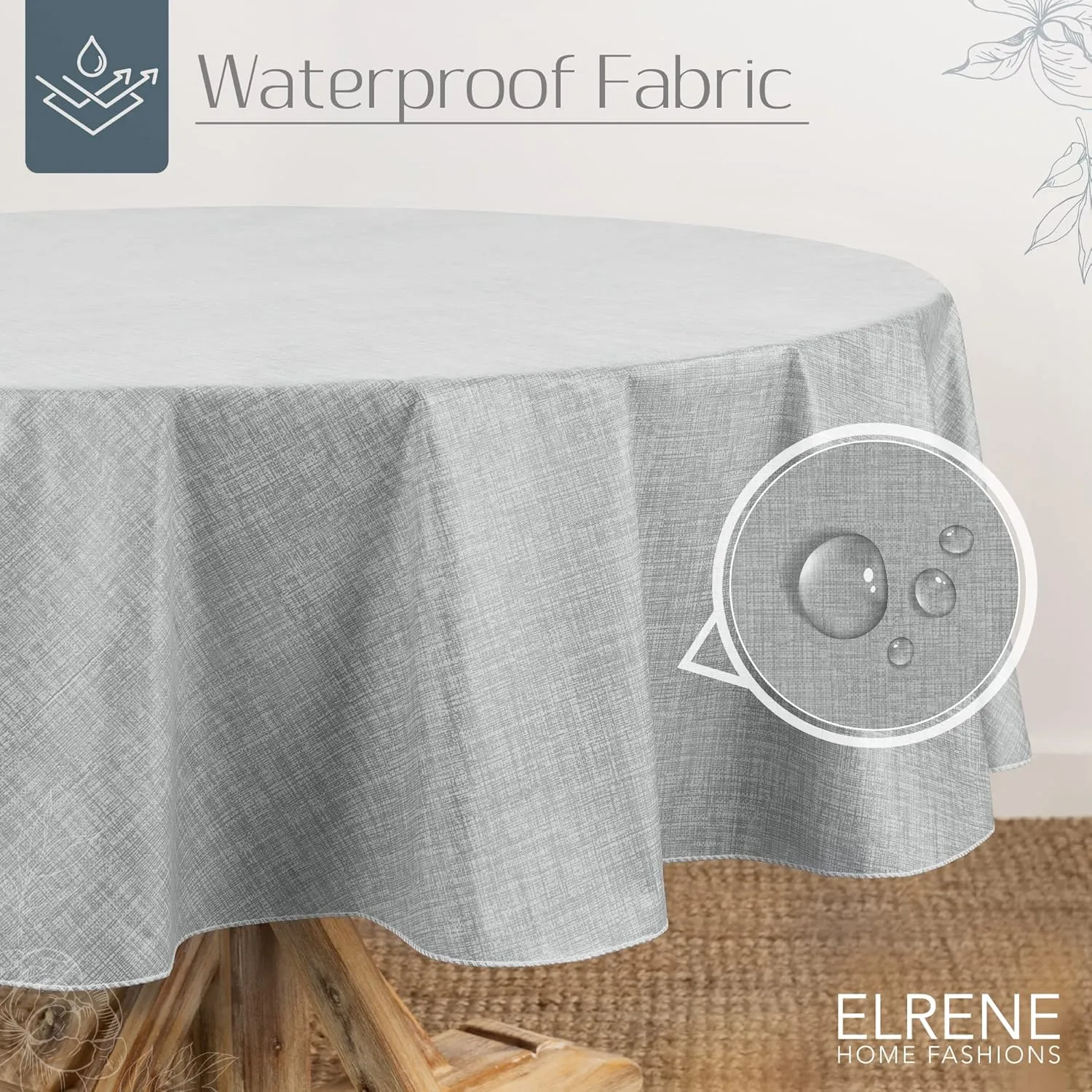Elrene Home Fashions Monterey Linen Inspired Water- and Stain-Resistant Vinyl Tablecloth with Flannel Backing, 70 inches X 70 inches, Round, Gray