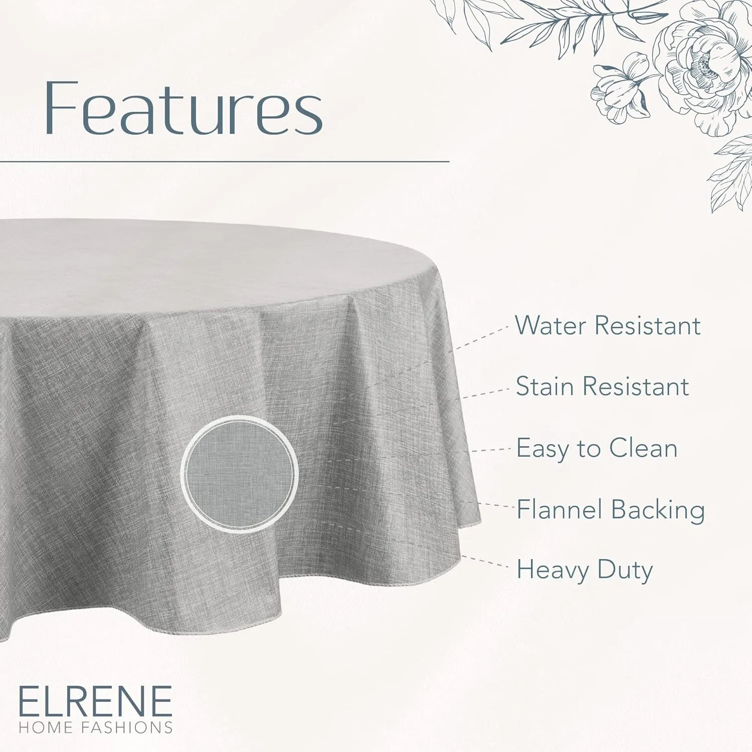 Elrene Home Fashions Monterey Linen Inspired Water- and Stain-Resistant Vinyl Tablecloth with Flannel Backing, 70 inches X 70 inches, Round, Gray