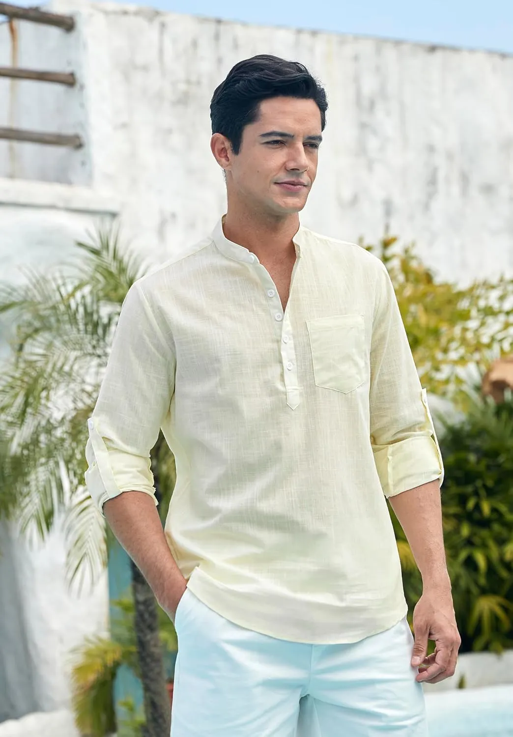 Enlision Mens Cotton Linen Henley Shirts Casual Long Sleeve Summer Beach Shirt Hawaii Hippie Button Down T-Shirt for Men