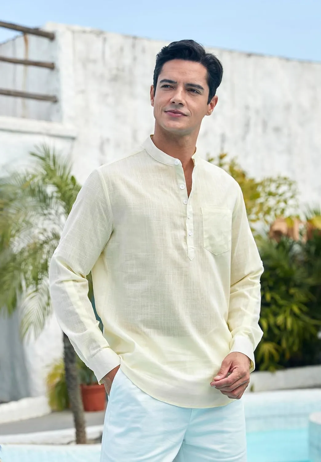 Enlision Mens Cotton Linen Henley Shirts Casual Long Sleeve Summer Beach Shirt Hawaii Hippie Button Down T-Shirt for Men