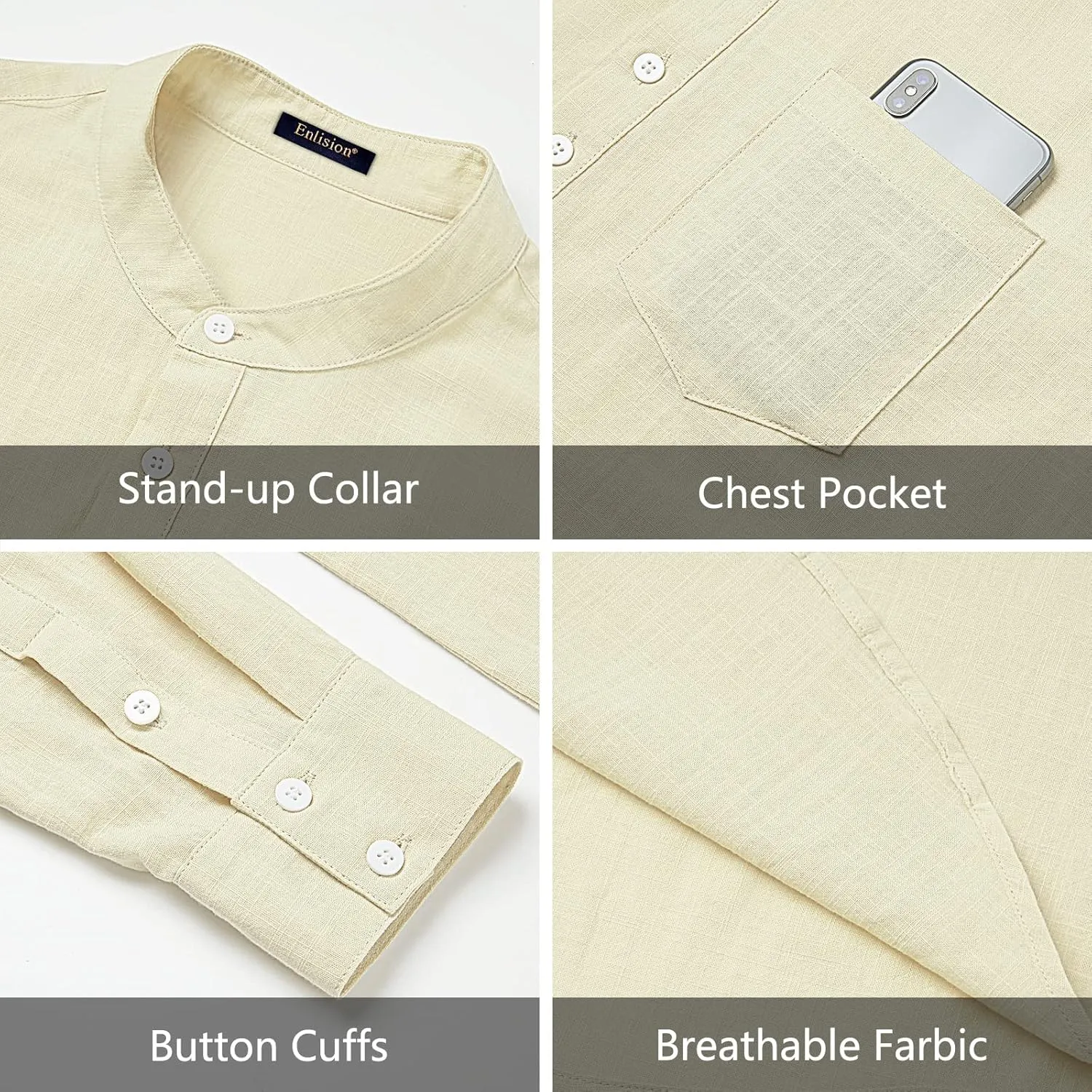 Enlision Mens Cotton Linen Henley Shirts Casual Long Sleeve Summer Beach Shirt Hawaii Hippie Button Down T-Shirt for Men