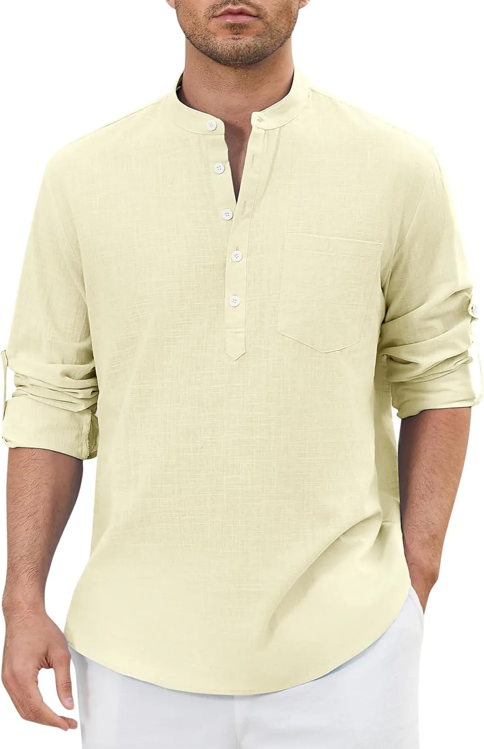 Enlision Mens Cotton Linen Henley Shirts Casual Long Sleeve Summer Beach Shirt Hawaii Hippie Button Down T-Shirt for Men