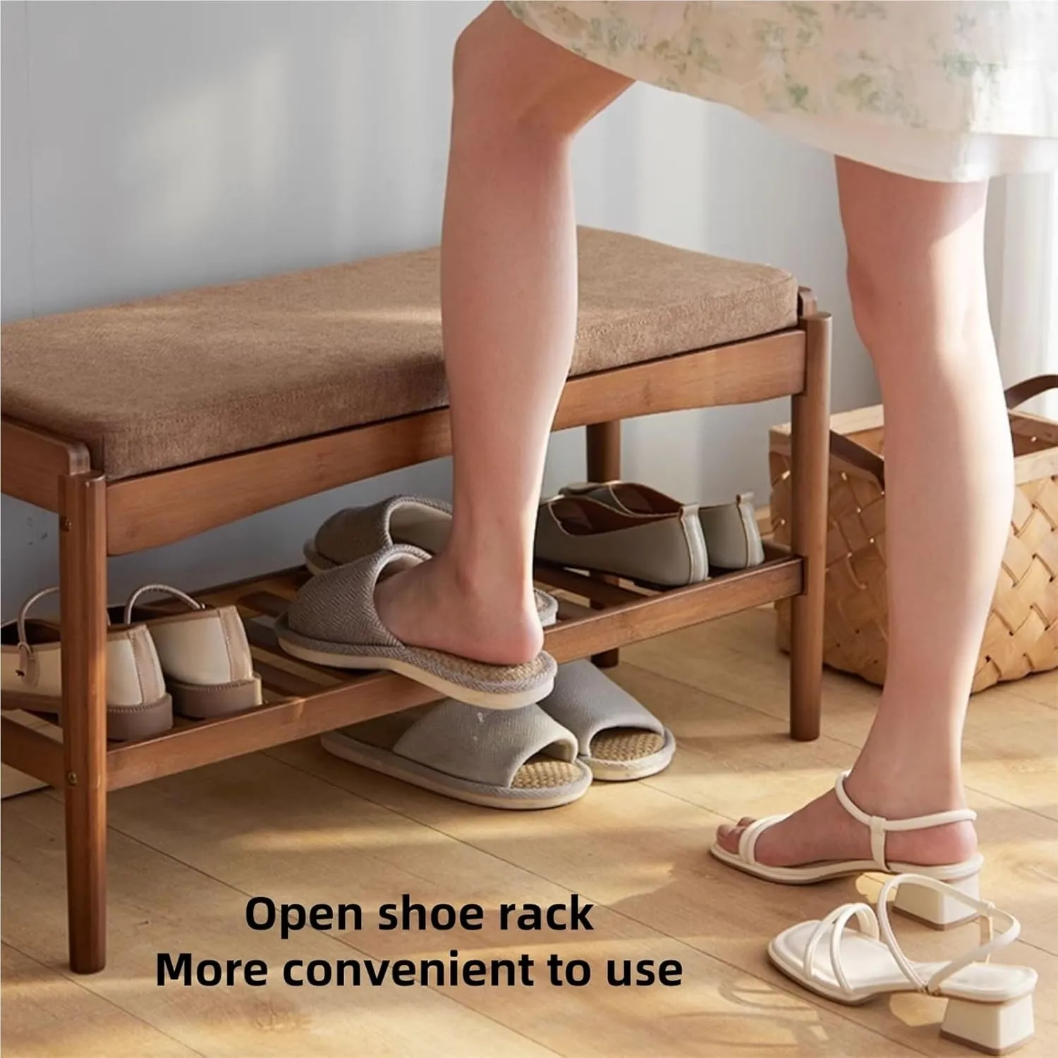 Entryway Bench Bamboo Shoe Storage Bench with Soft Cushion Small Shoe Rack Bench for Front Door Shoe Organizer for Hallway Living Room Closet Creative idea(Natural,60 * 29 * 42cm)