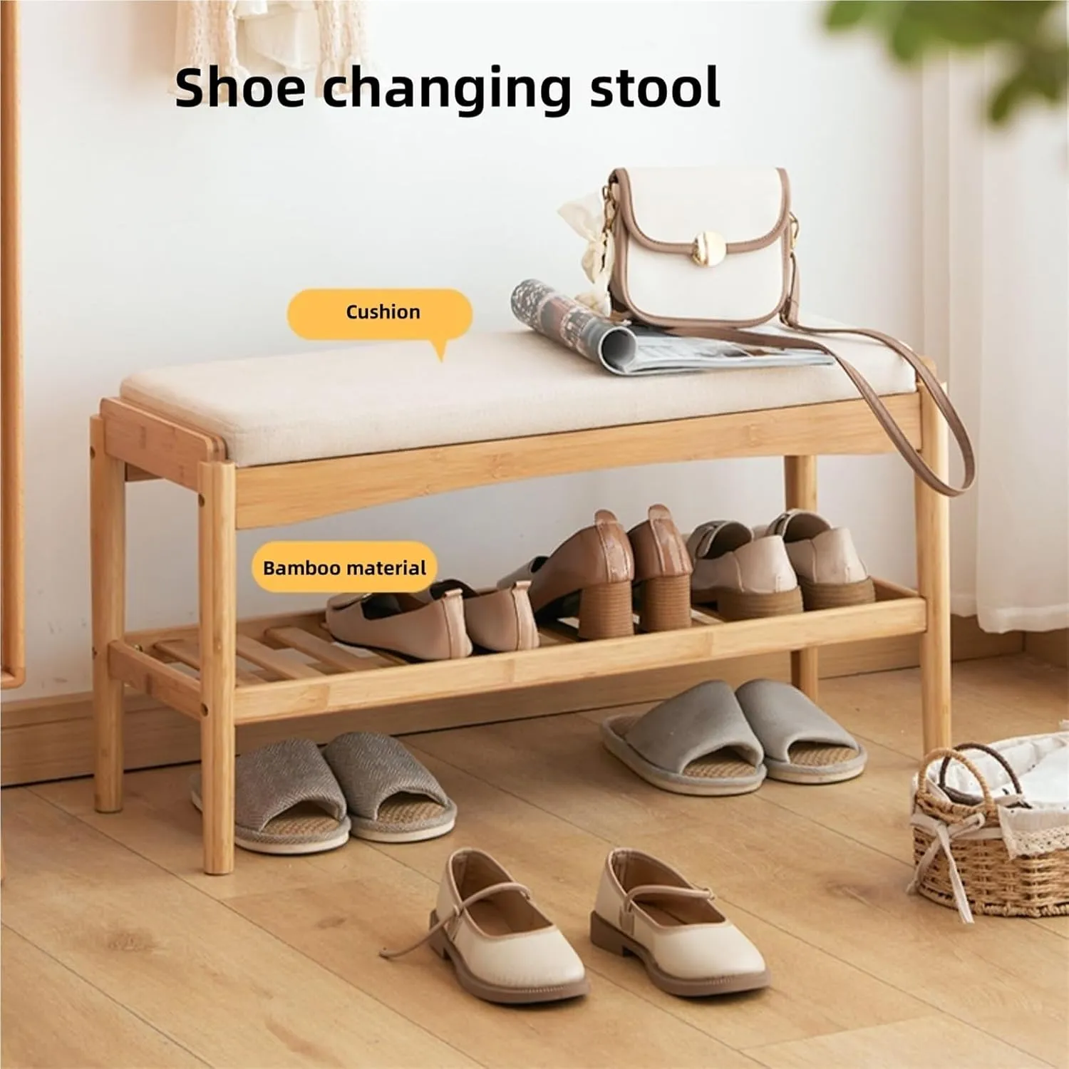 Entryway Bench Bamboo Shoe Storage Bench with Soft Cushion Small Shoe Rack Bench for Front Door Shoe Organizer for Hallway Living Room Closet Creative idea(Natural,60 * 29 * 42cm)