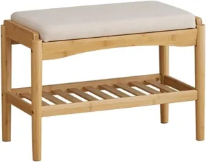 Entryway Bench Bamboo Shoe Storage Bench with Soft Cushion Small Shoe Rack Bench for Front Door Shoe Organizer for Hallway Living Room Closet Creative idea(Natural,60 * 29 * 42cm)