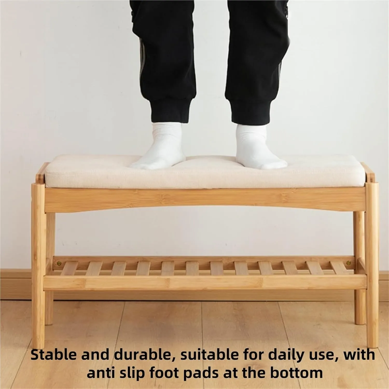 Entryway Bench Bamboo Shoe Storage Bench with Soft Cushion Small Shoe Rack Bench for Front Door Shoe Organizer for Hallway Living Room Closet Creative idea(Natural,60 * 29 * 42cm)