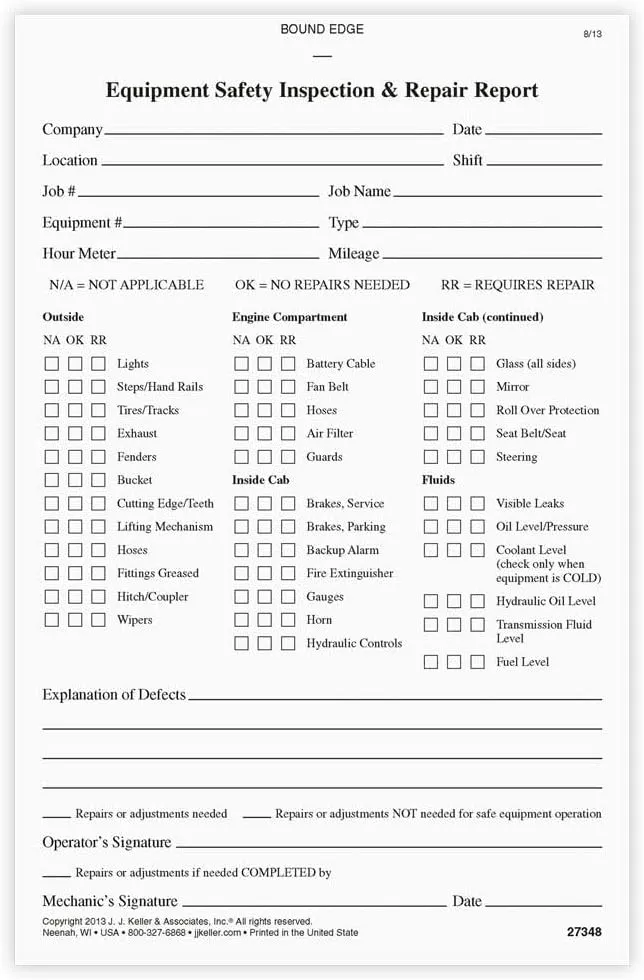 Equipment Safety Inspection Report 25-pk. - Book Format with 31 Sets, 2-Ply, Carbonless, 5.5" x 8.5", J. J. Keller & Associates, Inc.