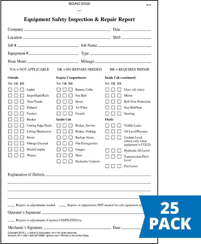 Equipment Safety Inspection Report 25-pk. - Book Format with 31 Sets, 2-Ply, Carbonless, 5.5" x 8.5", J. J. Keller & Associates, Inc.
