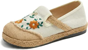 Espadrilles for Women Flat Teenage Girls Slip on Loafers House Shoes Floral Embroidered Shoes Ethnic Style Casual Linen Sneakers