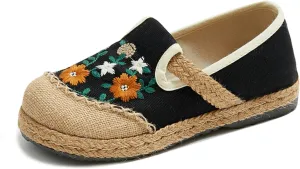 Espadrilles for Women Flat Teenage Girls Slip on Loafers House Shoes Floral Embroidered Shoes Ethnic Style Casual Linen Sneakers