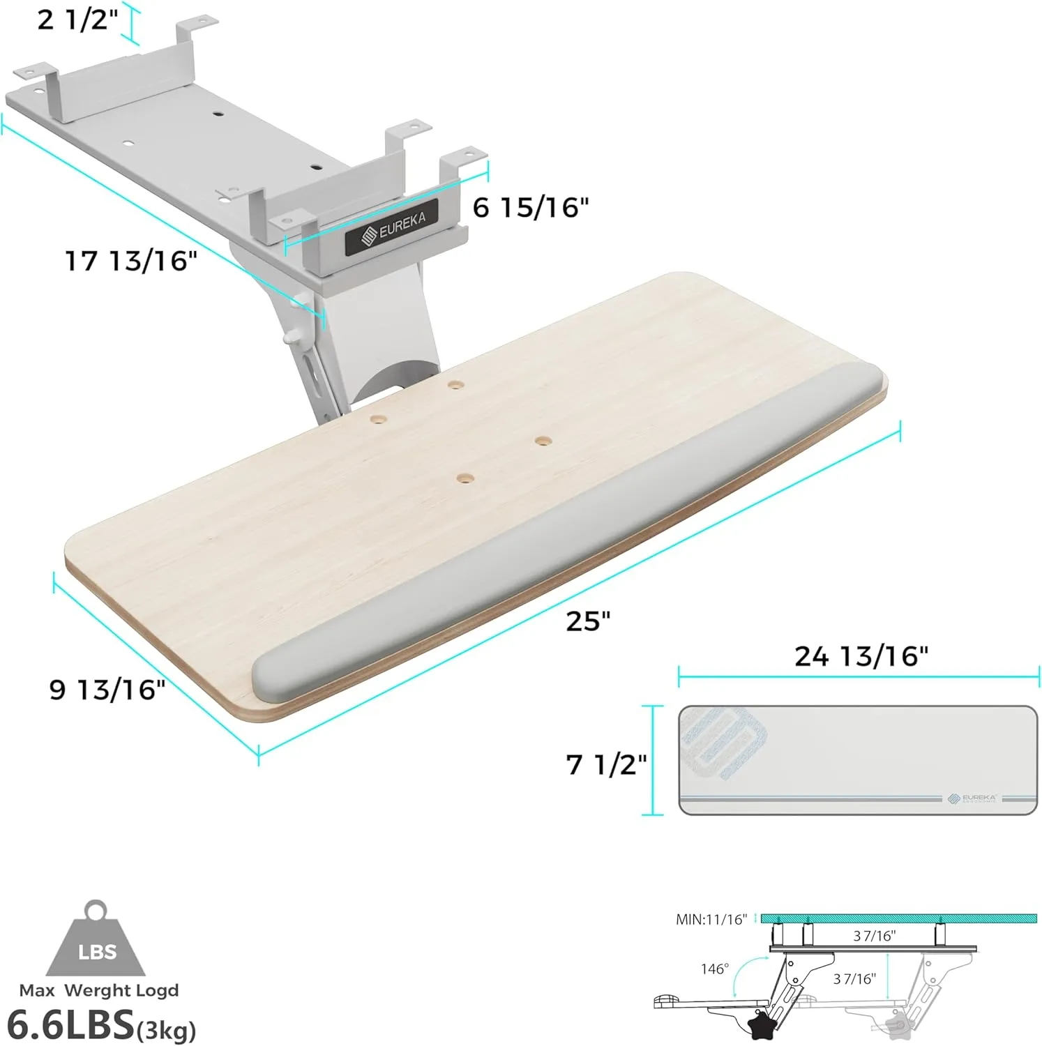 EUREKA ERGONOMIC Keyboard Tray Height Adjustable, Swivel Tilt Computer Keyboard Drawer Under Desk, 25x9.13'' Sliding Keyboard & Mouse Platform with Mouse Pad for Typing, Maple