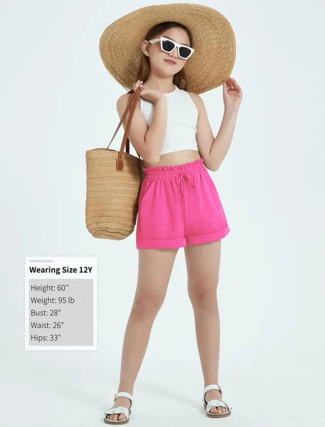 EXARUS Girls Summer Shorts Casual Kids Wide Leg Comfy Boho High Waisted Pull On Paperbag Drawstring Shorts with Pockets