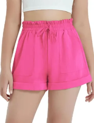 EXARUS Girls Summer Shorts Casual Kids Wide Leg Comfy Boho High Waisted Pull On Paperbag Drawstring Shorts with Pockets