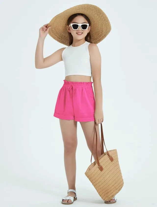 EXARUS Girls Summer Shorts Casual Kids Wide Leg Comfy Boho High Waisted Pull On Paperbag Drawstring Shorts with Pockets