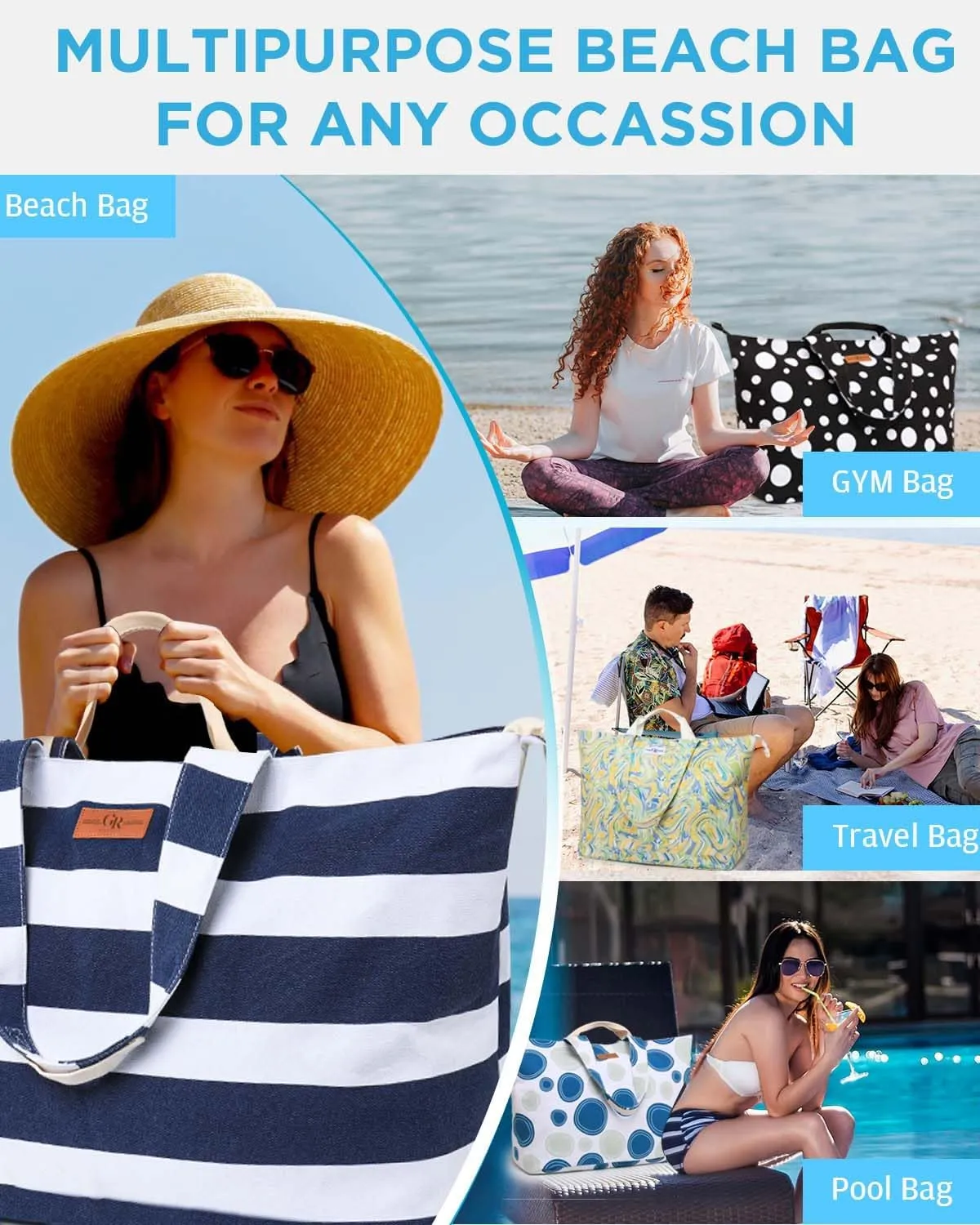 Extra Large Beach Bag for Women - Waterproof Sandproof Over-Size Carry On Beach Tote with 5 Pockets Gifts for Women