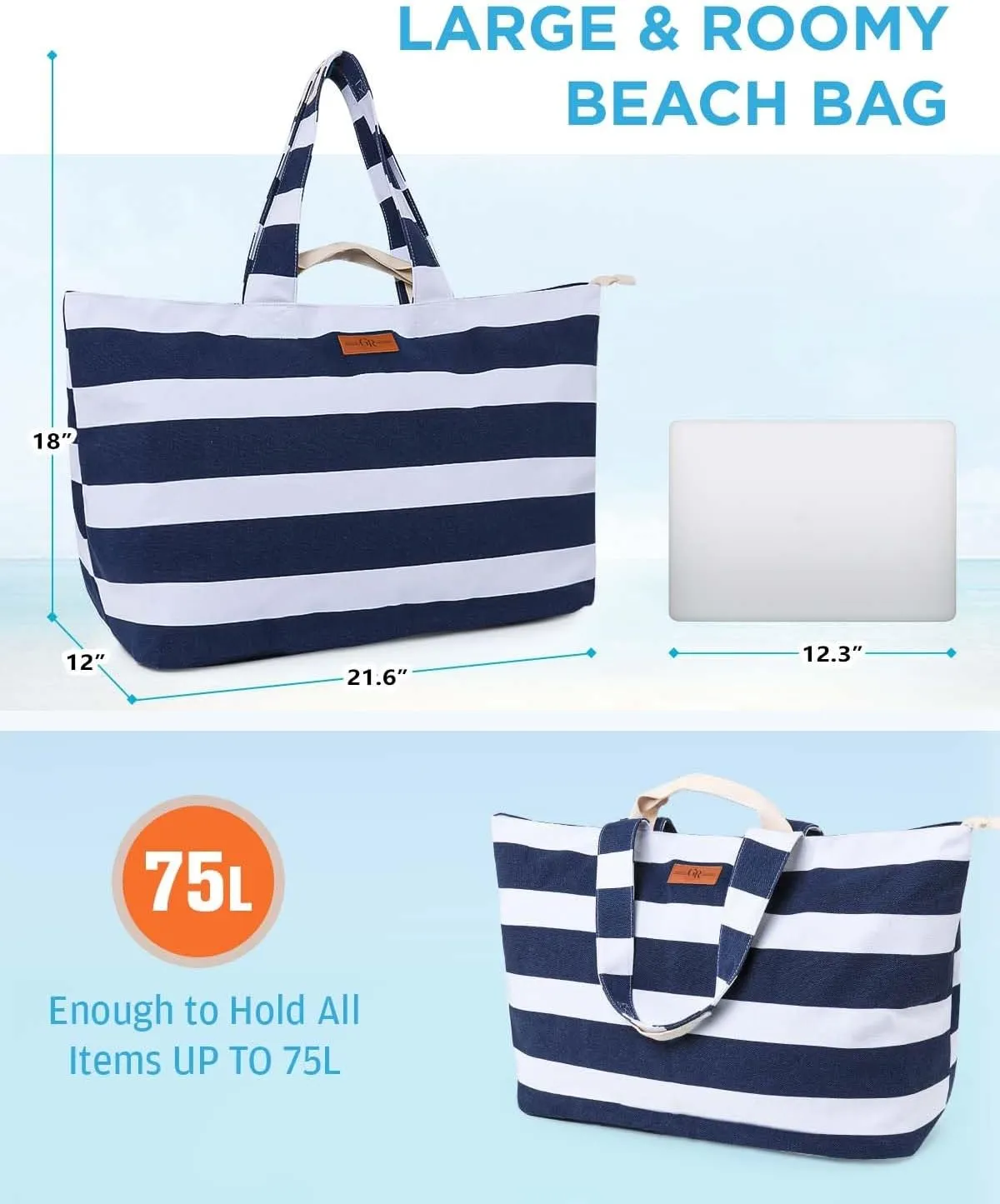 Extra Large Beach Bag for Women - Waterproof Sandproof Over-Size Carry On Beach Tote with 5 Pockets Gifts for Women