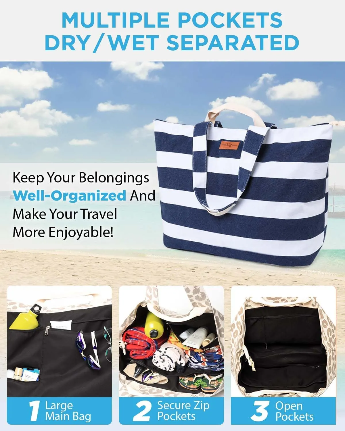 Extra Large Beach Bag for Women - Waterproof Sandproof Over-Size Carry On Beach Tote with 5 Pockets Gifts for Women
