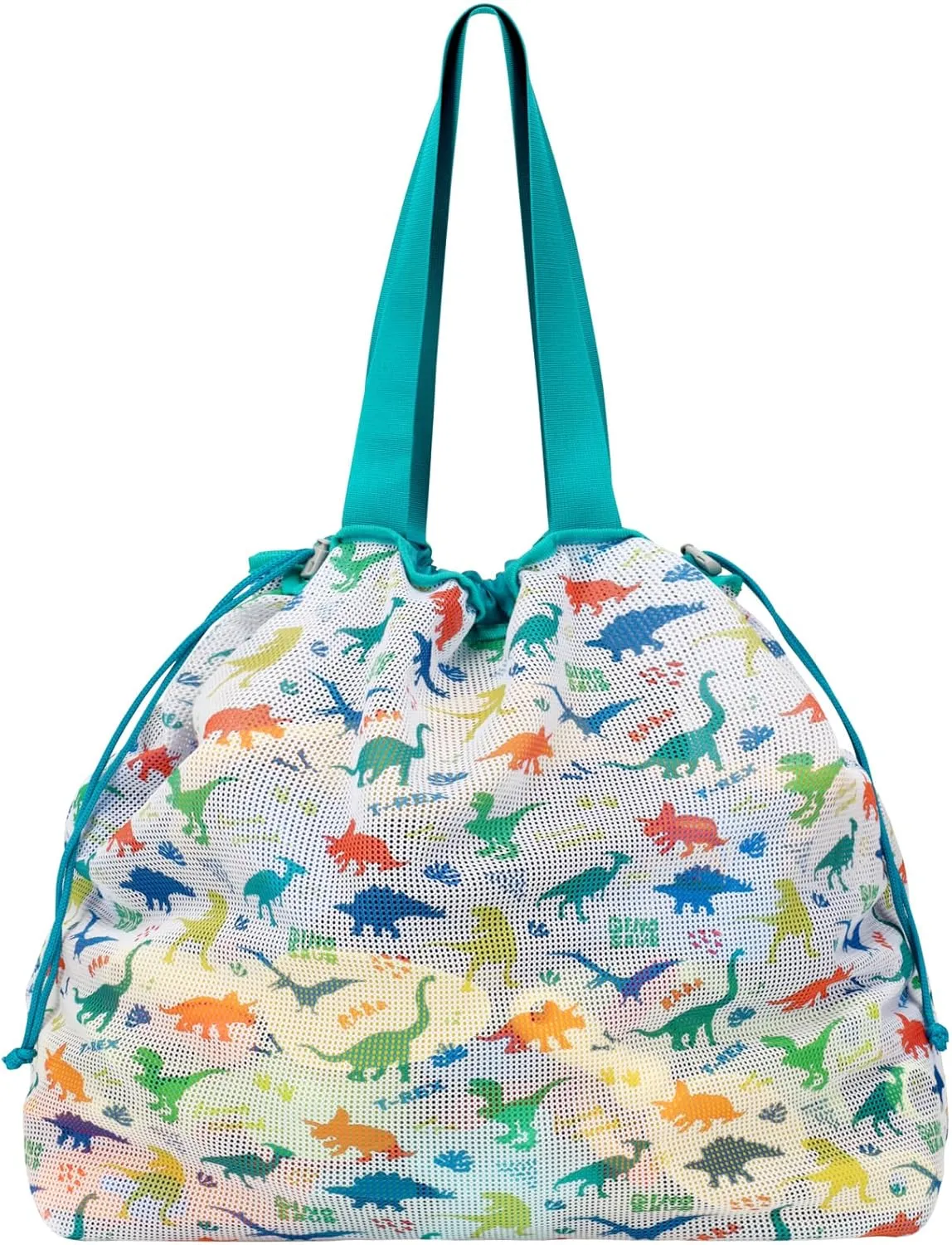 Extra Large Beach Toy Bag with Drawstring - Lightweight Foldable Mesh Tote for Sand Toys, Dino Green