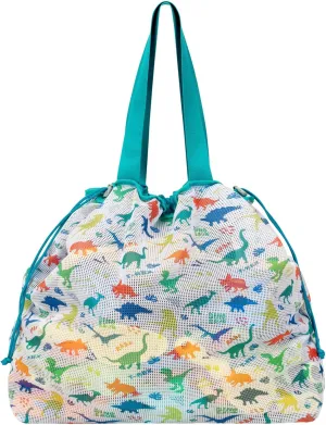 Extra Large Beach Toy Bag with Drawstring - Lightweight Foldable Mesh Tote for Sand Toys, Dino Green