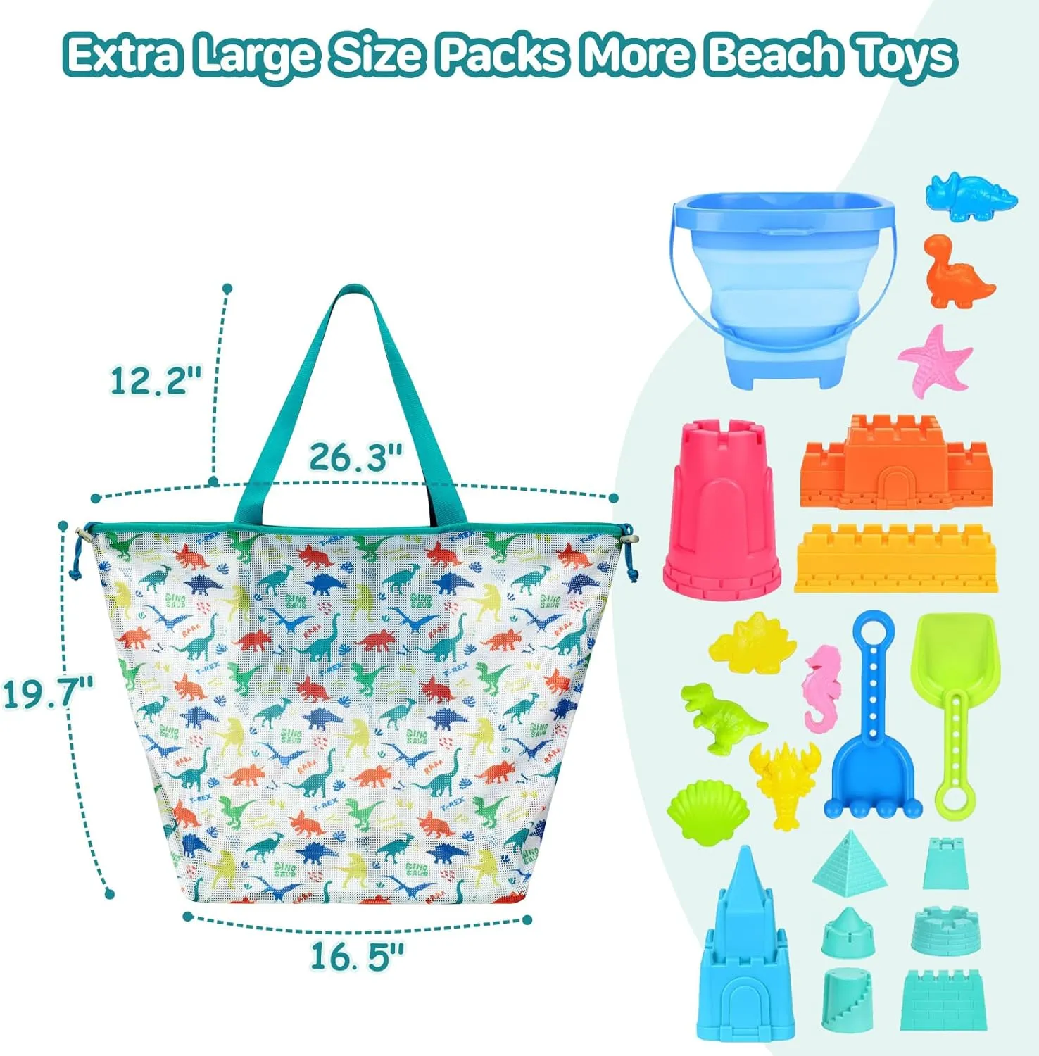Extra Large Beach Toy Bag with Drawstring - Lightweight Foldable Mesh Tote for Sand Toys, Dino Green
