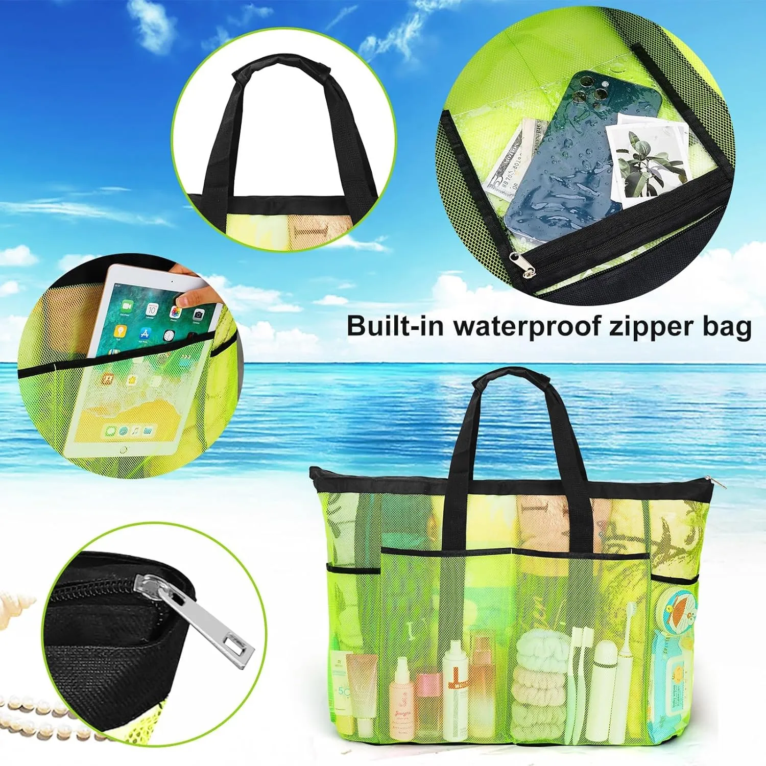 Extra Large Mesh Beach Bag, Tote Bag for Beach with Zipper