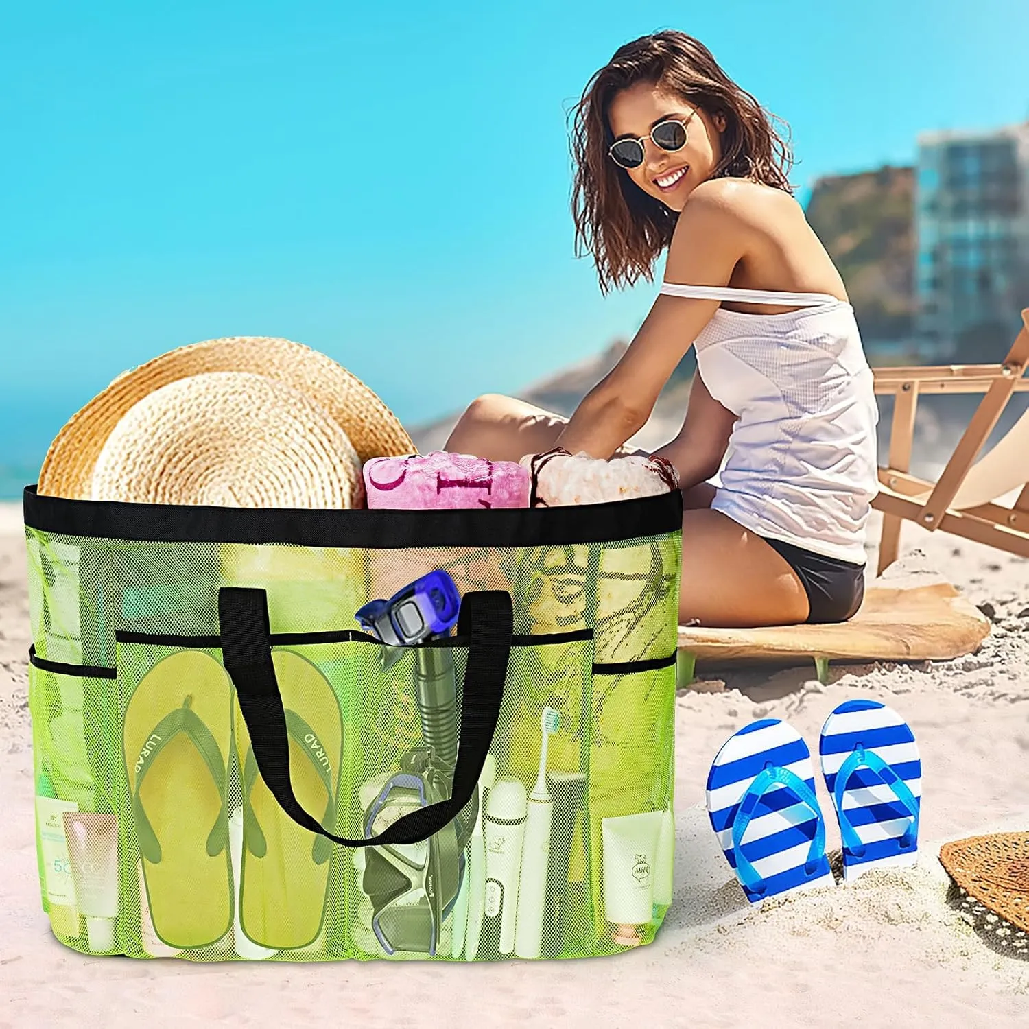 Extra Large Mesh Beach Bag, Tote Bag for Beach with Zipper