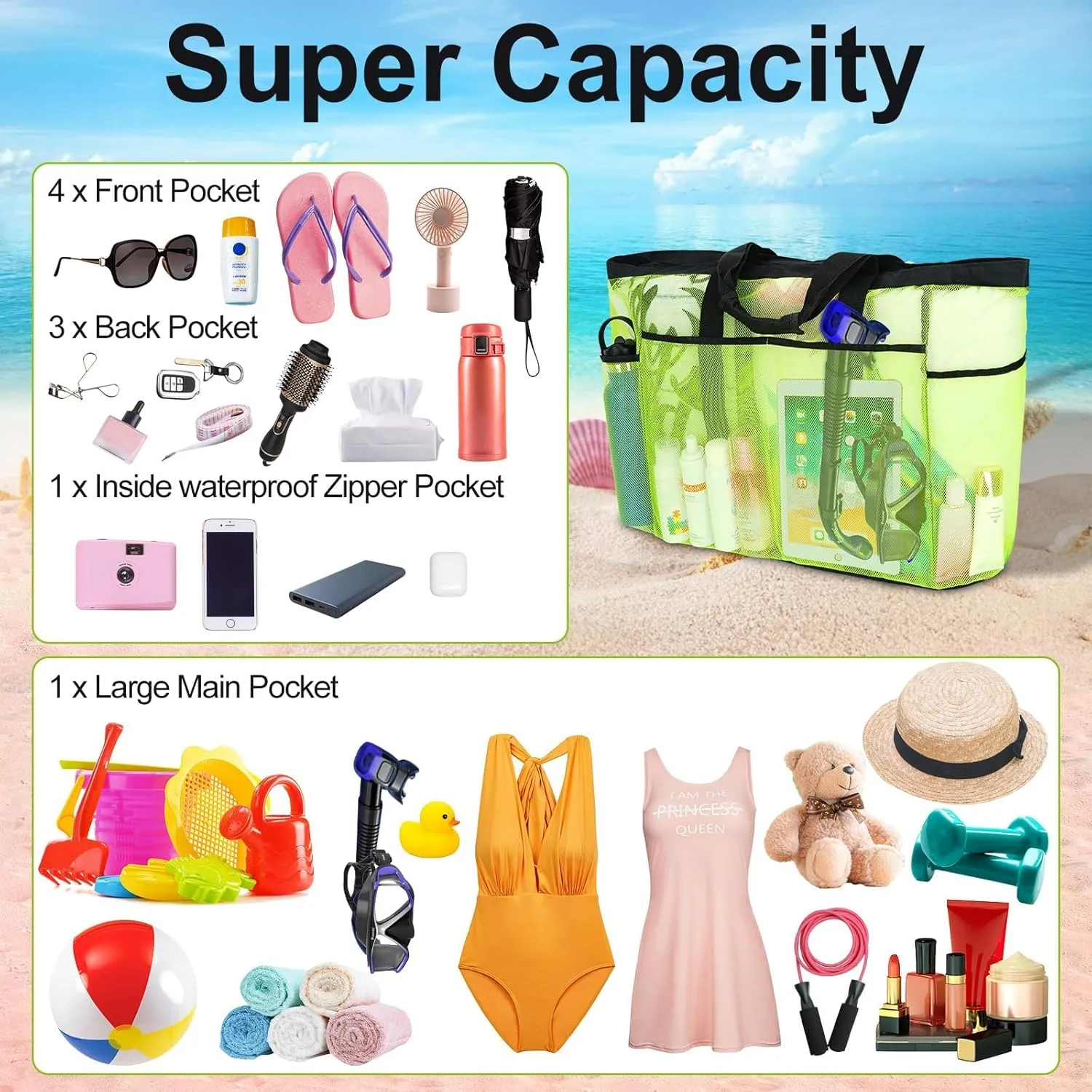 Extra Large Mesh Beach Bag, Tote Bag for Beach with Zipper