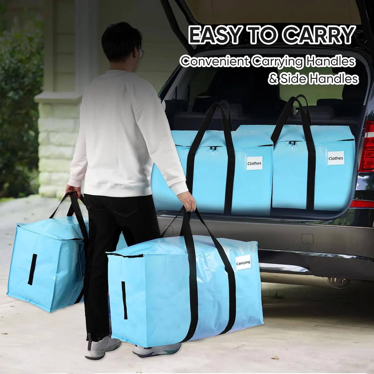 Extra Large Moving Bags Blue, Moving Bags Heavy Duty with Zippers & Handles 4 Pack Thick Material 180GSM Reusable Storage Totes for Space Saving Waterproof Large Totes for Packaging
