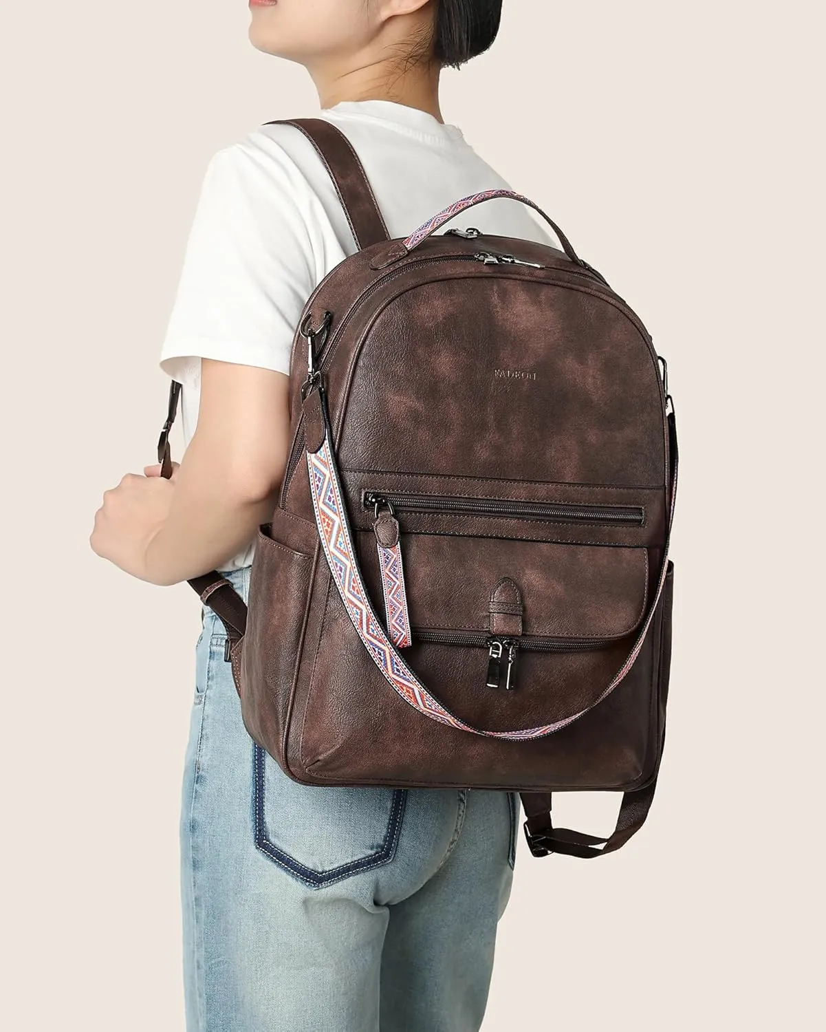 FADEON 15.6 inch Leather Laptop Backpack Purse for Women, Designer Travel PU Backpack with Laptop Compartment for Work Coffee