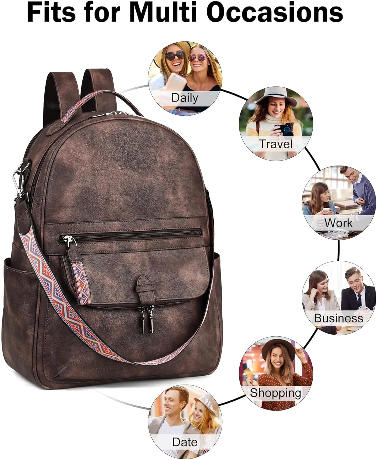 FADEON 15.6 inch Leather Laptop Backpack Purse for Women, Designer Travel PU Backpack with Laptop Compartment for Work Coffee