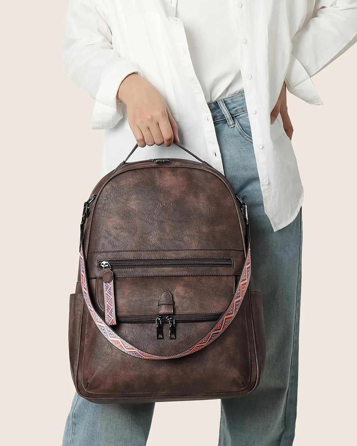 FADEON 15.6 inch Leather Laptop Backpack Purse for Women, Designer Travel PU Backpack with Laptop Compartment for Work Coffee