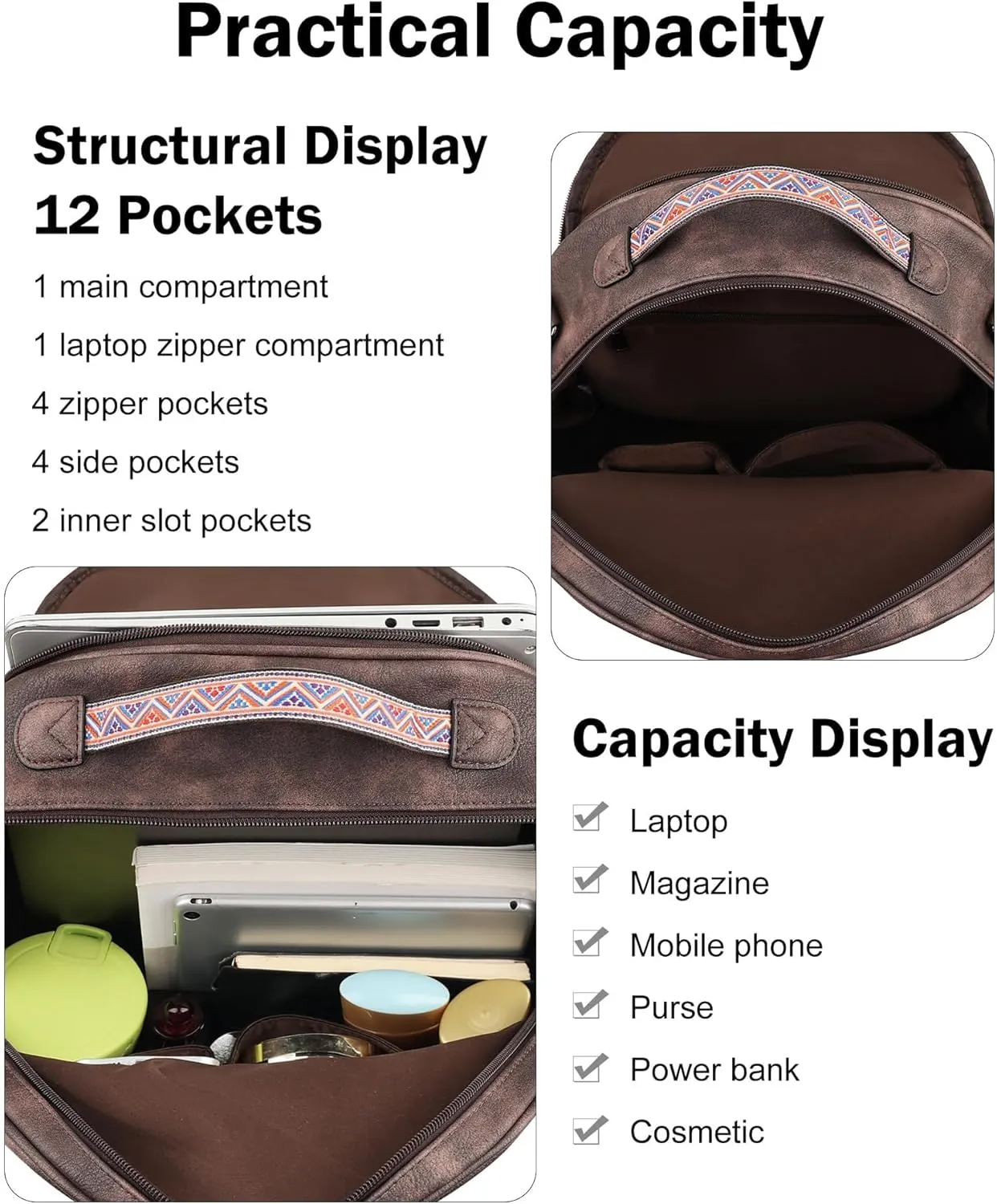 FADEON 15.6 inch Leather Laptop Backpack Purse for Women, Designer Travel PU Backpack with Laptop Compartment for Work Coffee