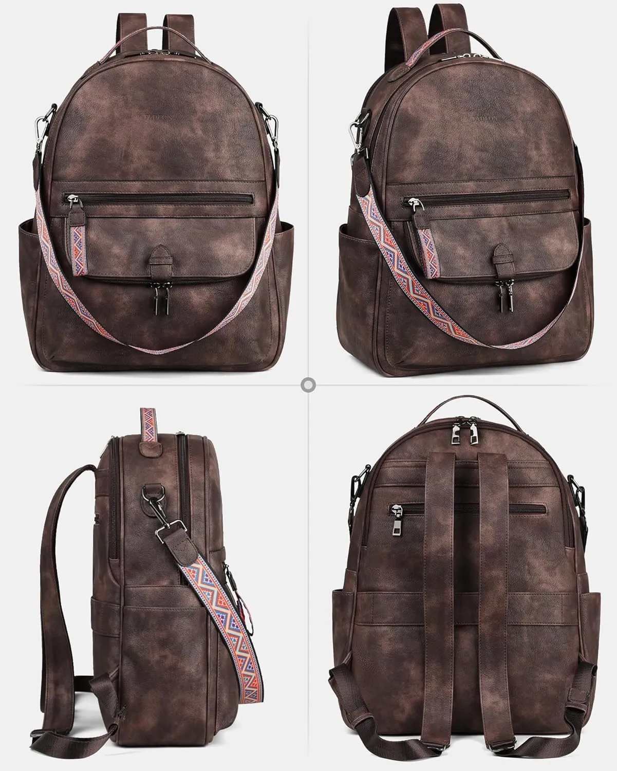 FADEON 15.6 inch Leather Laptop Backpack Purse for Women, Designer Travel PU Backpack with Laptop Compartment for Work Coffee
