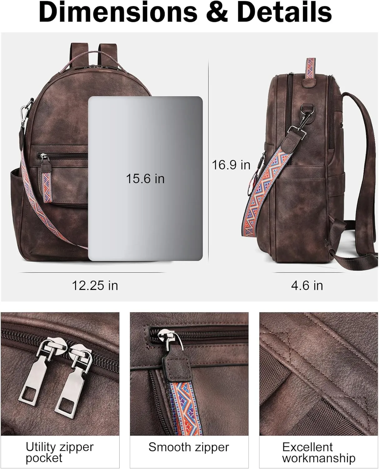 FADEON 15.6 inch Leather Laptop Backpack Purse for Women, Designer Travel PU Backpack with Laptop Compartment for Work Coffee