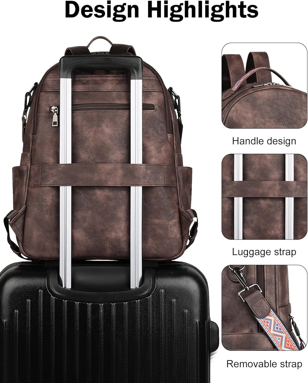 FADEON 15.6 inch Leather Laptop Backpack Purse for Women, Designer Travel PU Backpack with Laptop Compartment for Work Coffee