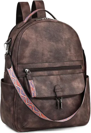 FADEON 15.6 inch Leather Laptop Backpack Purse for Women, Designer Travel PU Backpack with Laptop Compartment for Work Coffee