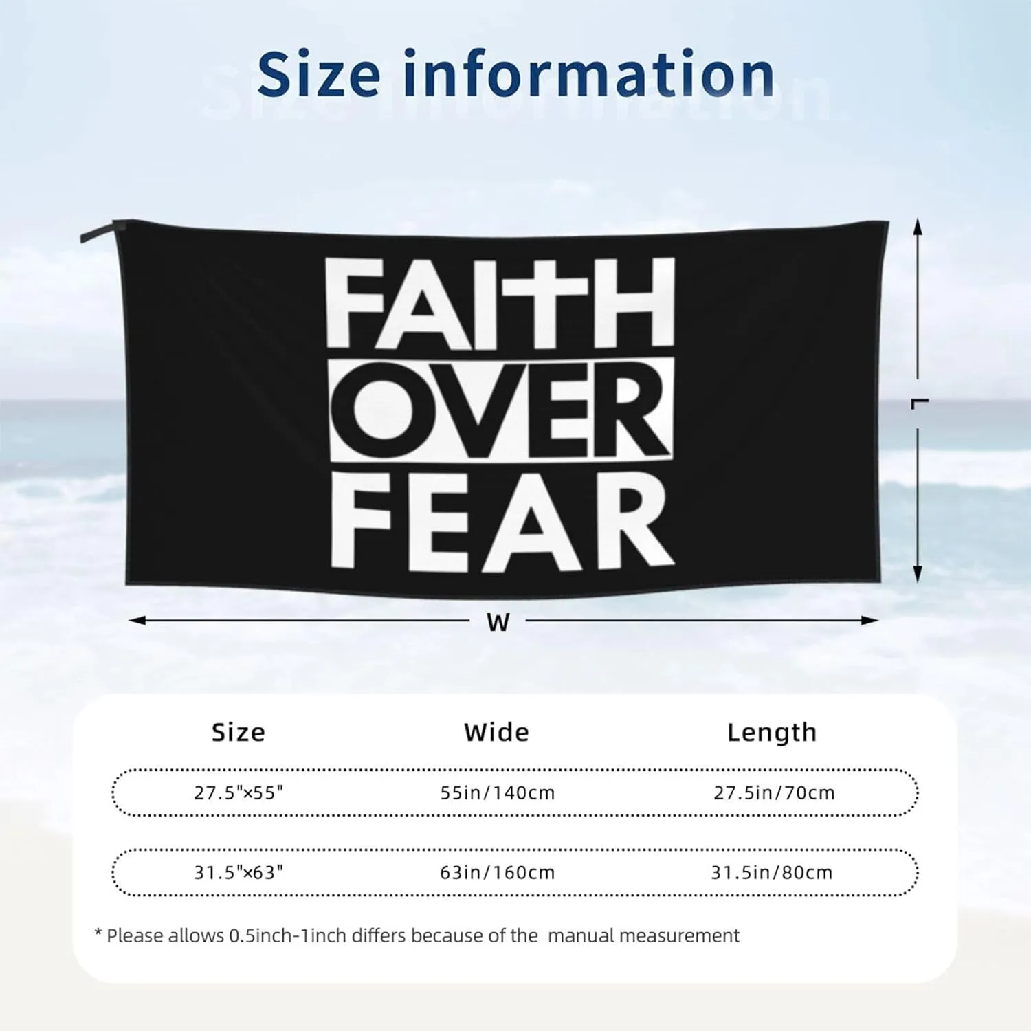 Faith Over Fear Bible Scripture Verse Christian Beach Towel Quick Dry Sand Free Lightweight Large 31.5"x63" with Travel Bag - Vacation Essentials Bath Towel for Pool, Summer